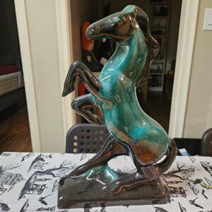 Vintage Blue Mountain Pottery Rearing Green / Black Terra Cotta Horse 14" MCM
